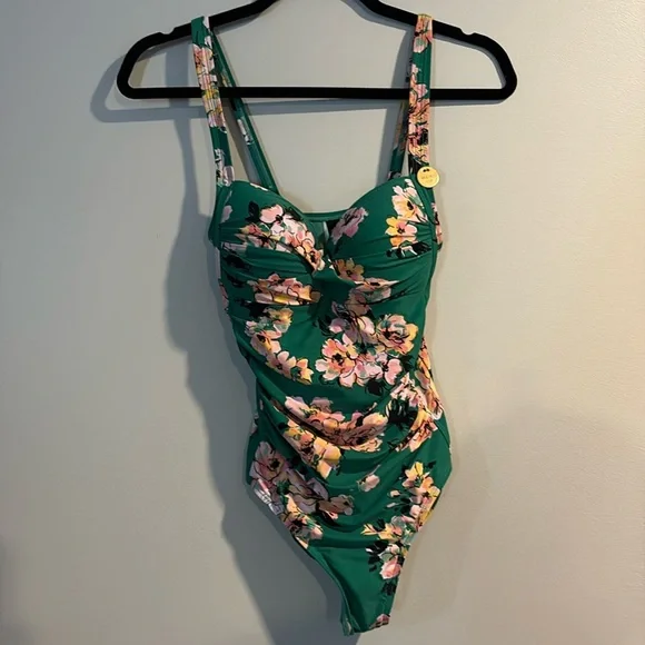 Niptuck Swim One Piece Swimsuit Floral Multifit Cup Green Floral Ruched - Picture 1 of 6